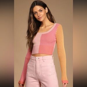 Lulus Meant to be Mod Pink Color Block Ribbed Long Sleeve Crop Top. Size Medium